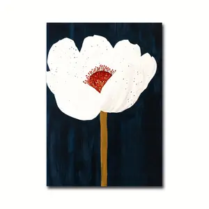 1 piece/set Elegant White Flower Poster, Dark Blue Background, Modern Minimalist Floral Artwork, Contemporary Plant Wall Art, Frameless