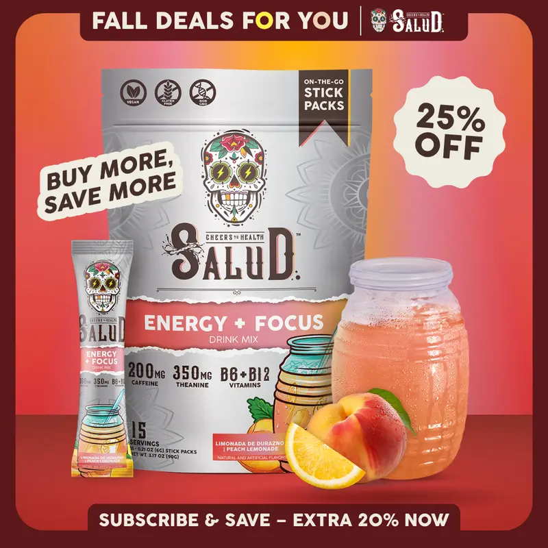 Salud 2-in-1 [Energy + Focus - Peach Lemonade] Clean Energy Drink Mix, Agua Fresca, Organic Caffeine, B6 & B12, L-Theanine, Drink Packets, Non-GMO, Gluten Free, Vegan, Low Calorie, 1g Sugar (15 Servings)