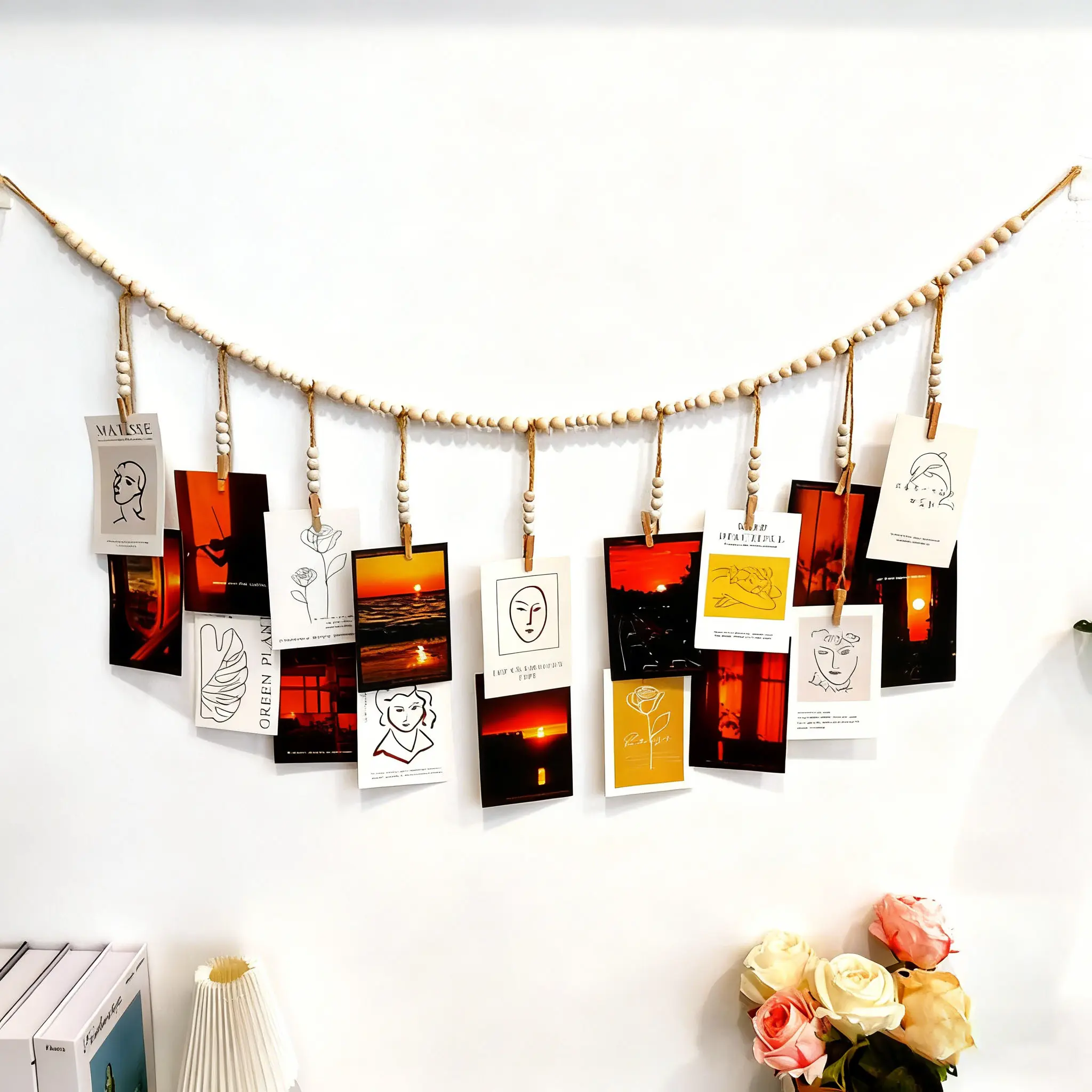 Boho Macrame Hanging Photo Display, Rustic Wall Art Picture Organizer with Clips, Aesthetic Decor for Bedroom and Dorm Room, Versatile Use