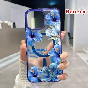 Magnetic Soft Case for iPhone 15 16 14 Pro Max 13 12 11 XR XS Plus E Blue Floral Reverie Pattern Shockproof ultra-thin Silicone Crystal Transparent Protective Cover Supports Wireless Charging