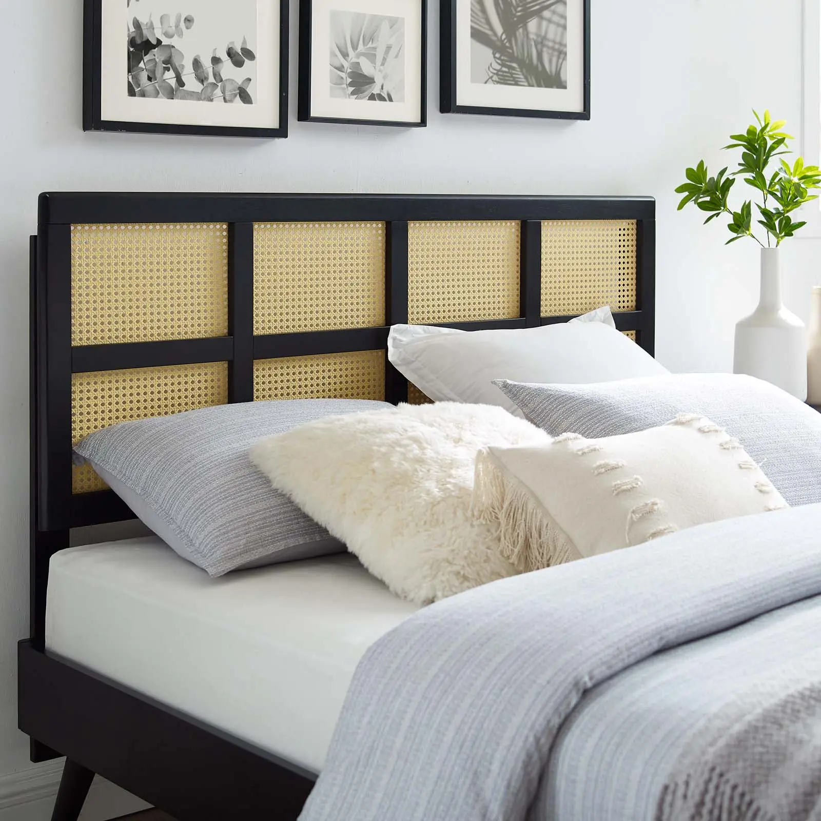 Modway Luana Woven Rattan King Headboard - Black, Organic, Interchangeable Design for Modern Bedroom Indoor Furniture, Aesthetic, Headboard Ideas