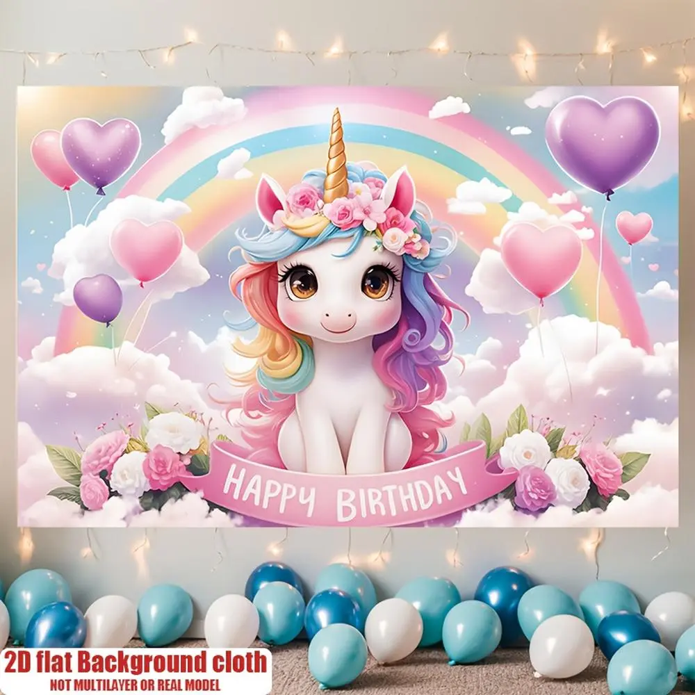 Pink Unicorn 2D Flat Reusable Polyester Decorative Banner, 1pc Pink Birthday Decorations Wall Backdrop Prop for Unicorn Theme Home Room