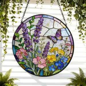 Butterfly Sun Catcher with Sunflower & Iris – Stained Glass Style Garden Window Hanging, Autumn Decor Gift for Mom