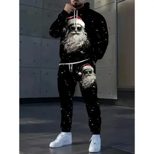 Trendy Santa Print Hoodie Set, Long Sleeve Fitted Casual Sportswear, Christmas Pattern, Perfect for Running & Outdoor Activities