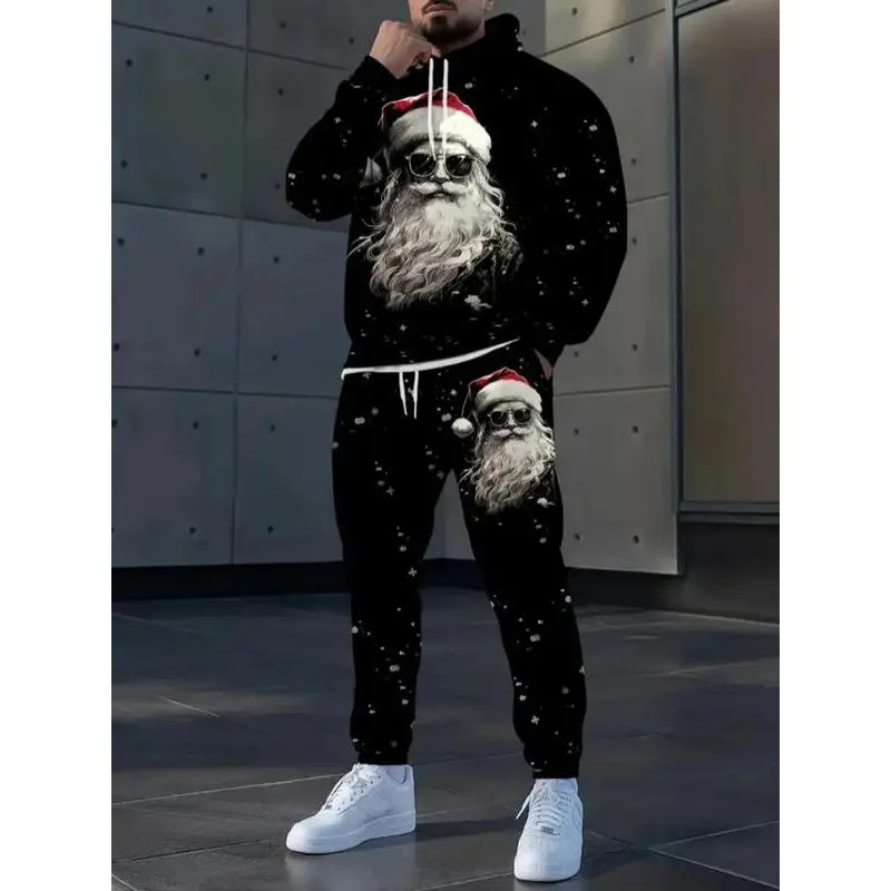 Trendy Santa Print Hoodie Set, Long Sleeve Fitted Casual Sportswear, Christmas Pattern, Perfect for Running & Outdoor Activities Trendy Santa Print Hoodie Set, Long Sleeve Fitted Casual Sportswear, Christmas Pattern, Perfect for Running & Outdoor Activities