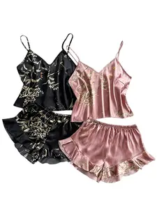 Huonwei Pajama Sets for Women 2 Piece Ice Silk Lingerie Sleepwear Outfits Sleeveless V Neck Cami Pjs Shorts Set Floral Ruffled Summer Nightwear Spaghetti Straps Lounge Sets 118