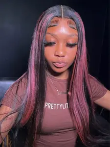 Aodbar hairs Pink Highlight Rose Red Black Color Hair Wig Synthetic Lace Front Wigs Women Girls Daily Party Wear Pre Plucked Hairline HD Transparent Lace Front Wig Synthetic Lace Wig Part Wig Heat Resistant Fiber