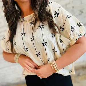 Women's Beige & Black Bow Print Puff Short Sleeve Summer Chic Top