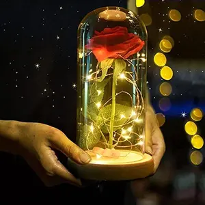 Preserved Rose Enchanted Rose Red Silk Rose in Glass Dome with LED Lights Pine Base, Romantic Home Decor Gifts for Mom Women Valentines Day Christmas Mothers Day Wedding Anniversary Birthday