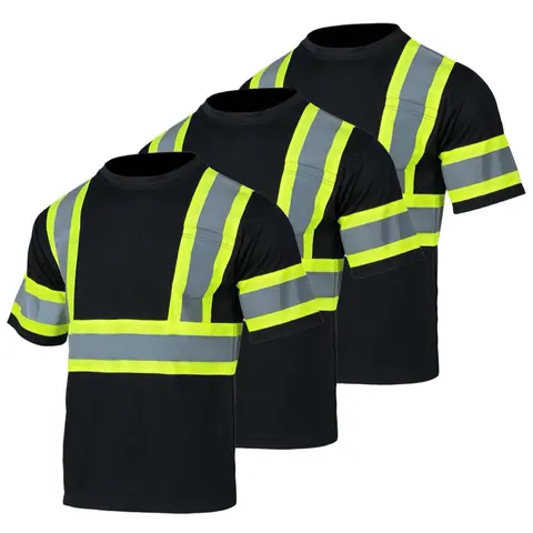 3 Pack High Visibility Short Sleeve Shirt in Black with Reflective Strips for Enhanced Safety