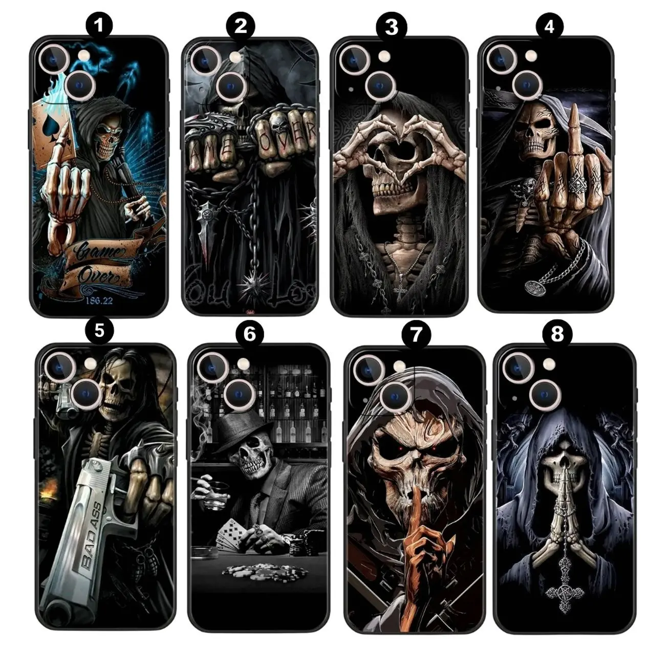 G-Grim R-Reaper Skull Skeleton Call Phone Case for iPhone X, 11, 12, 13, 14, 15 & more –  SS Galaxy S21 to S25 Ultra, Plus with Suction