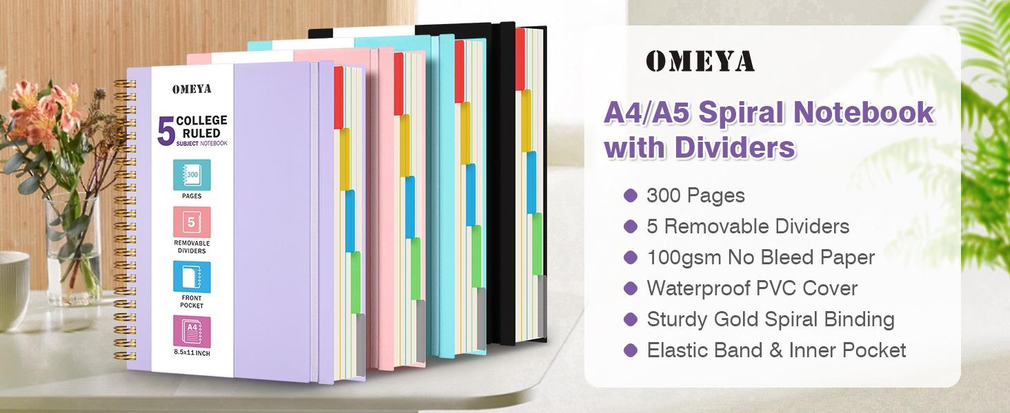 piral Notebook 8.5" x 11", A4 5 Subject College Ruled Notebook, 300 Pages 100GSM Thick Lined Journal for Office Supplies Desk Accessories, Work School Junk Journals for Women & Men with Removable Dividers OMEYA