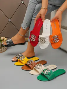 Chic Fashion Slides, Square Toe Flat Sandals with Decorative Logo, Casual PU Leather Shoes, Random Print Design, Flat Sole Sandals