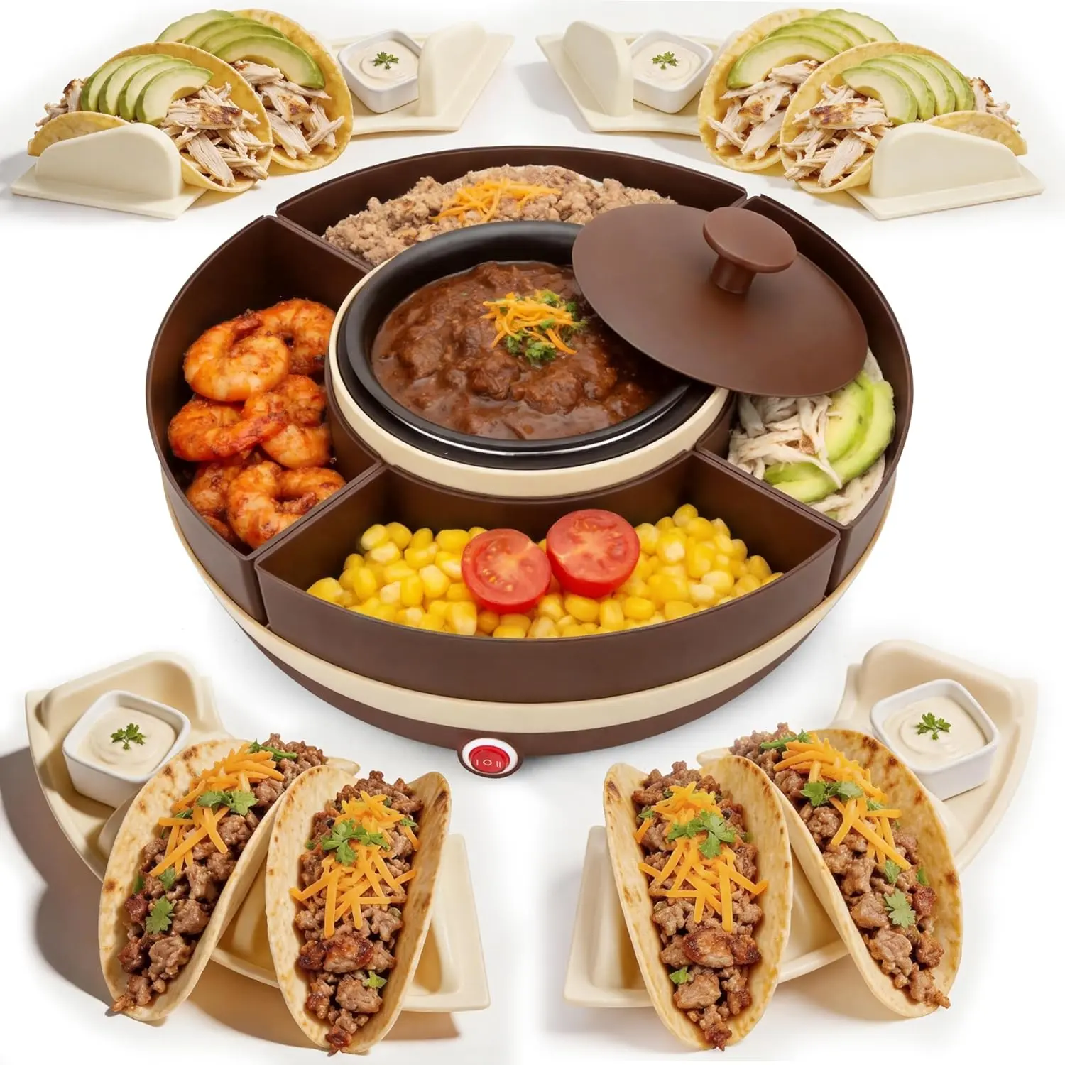 Lazy Susan Taco Bar & Condiment Containers with Lids, 4 Taco Holders for Taco Tuesday Kit, Fondue Pot for Taco Bell Sauce, Burritos, Nachos, and Fajitas, Brown