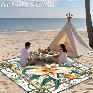 Lightweight Extra Large Summer Beach Mat with Bellflower Print, Outdoor Picnic Blanket, HD Printing, Fade Resistant, Waterproof, Includes 4 Stakes for Outdoor Use