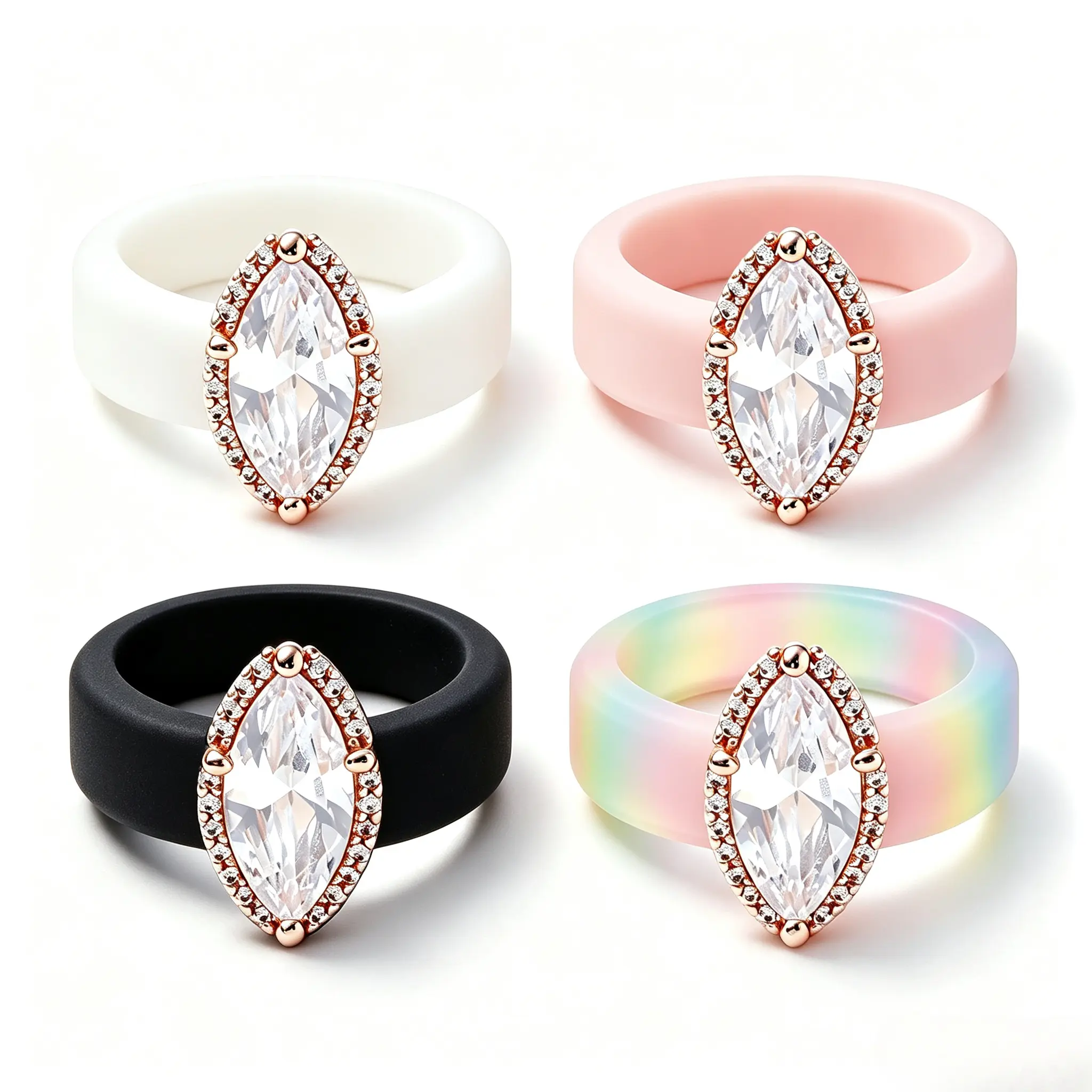 Women Marquise Halo Zircon Silicone Ring, Rose Gold Plated Sparkly Cubic Zirconia Rubber Band Ring, Medical Grade Flexible Silicone Wedding Ring, Multi Color Comfortable Stackable Engagement Ring Gift