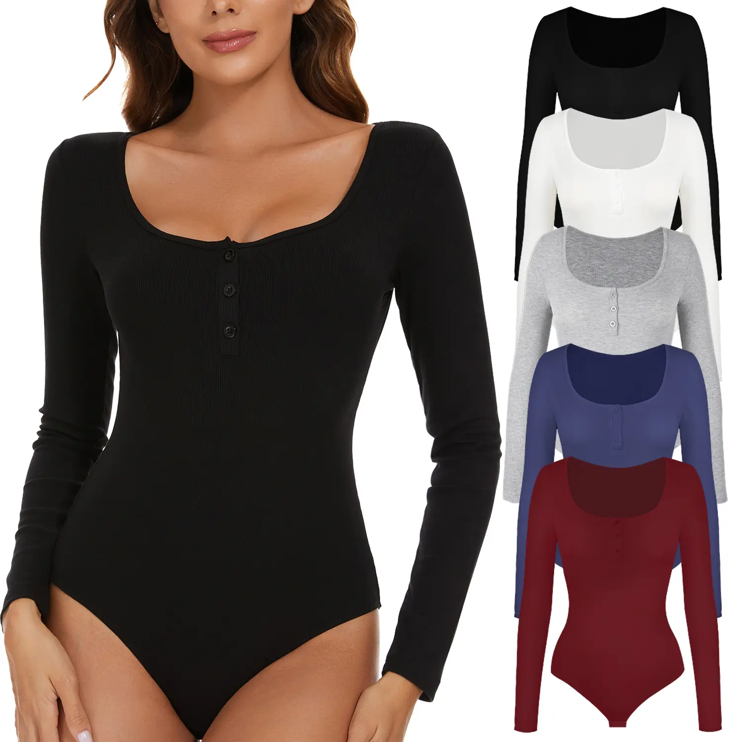 Women's Minimalist Ribbed Henley Bodysuit - Scoop Neck, Button-Down, Long-Sleeve Leotard for Daily Wear, Layering, Birthday Outfits; Pair with Skirts & Accessories, Bottom, Comfortable, Basic