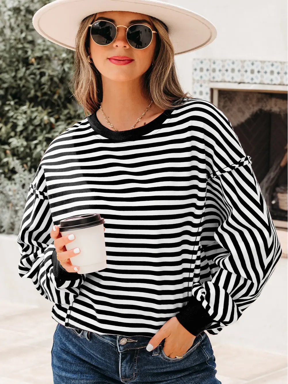 Women's Cotton Blend Striped Sweatshirt Crewneck Drop Shoulder Pullover Tops