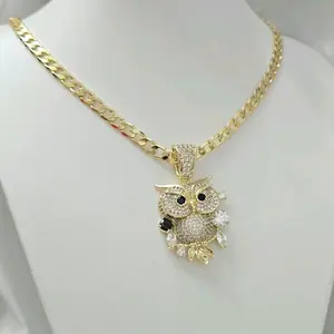 Gold Owl Pendant Necklace with Cubic Zirconia Accents and Curb Chain Various Zs for Men and Women