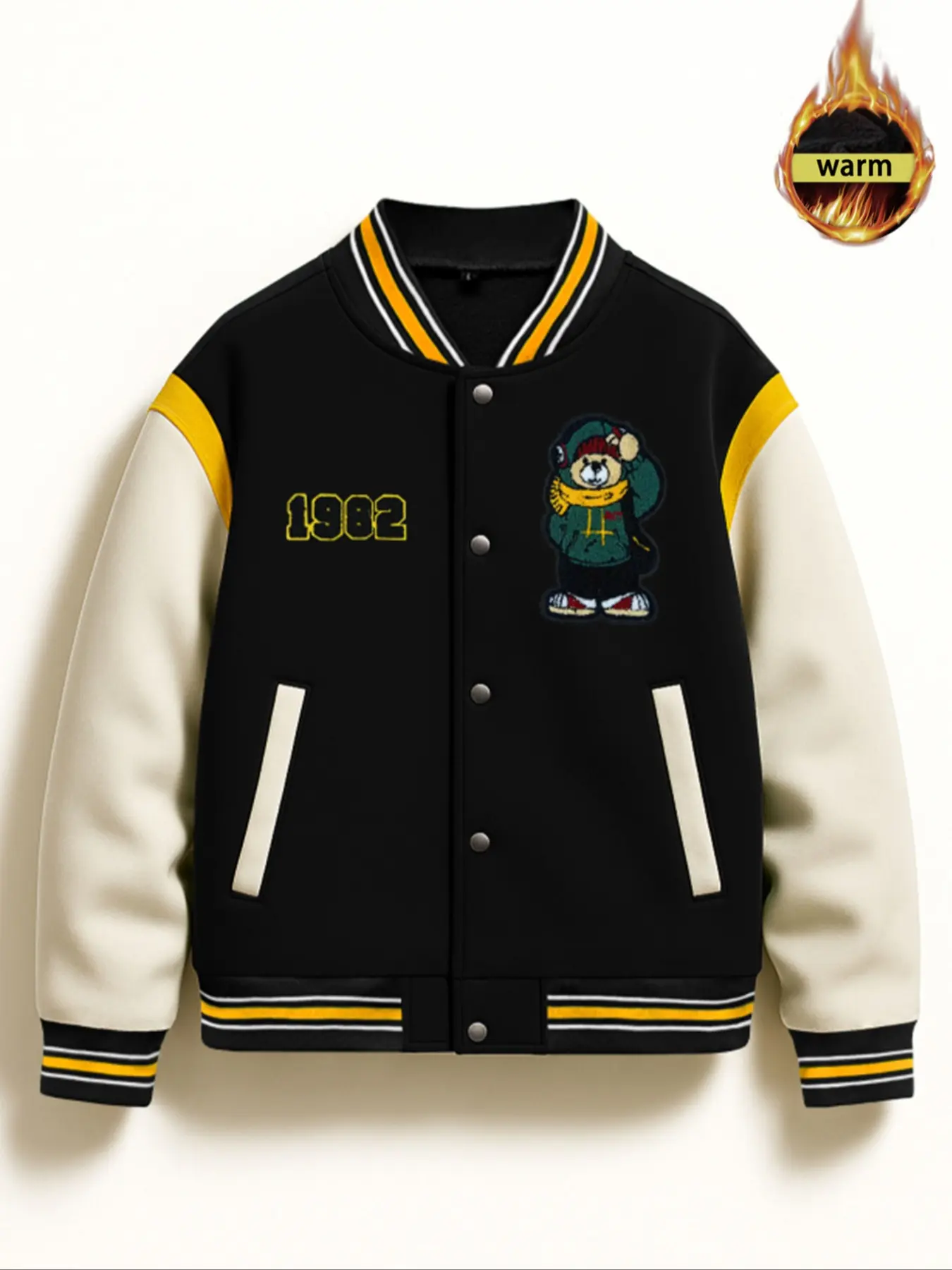 Men's Fleece Lined Baseball Jacket, Warm Cute Bear Embroidery Colorblock College Style Couple Jacket, Fall & Winter Outerwear