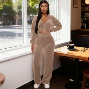 Women's Chocolate Velour Two-Piece Set - The Original Trendsetter Hooded Zip Jacket & Jogger Pants, Stylish Casual Outfit for Daily Wear Womenswear