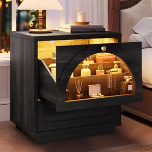 Sikaic Arched Glass Nightstand with 2 Drawers, LED Lights & Charging Station, Modern Vintage Bedside Table with Stepped Compartment Storage Drawers for Bedroom,  Living Room, Home Office, Matte Black summergarden