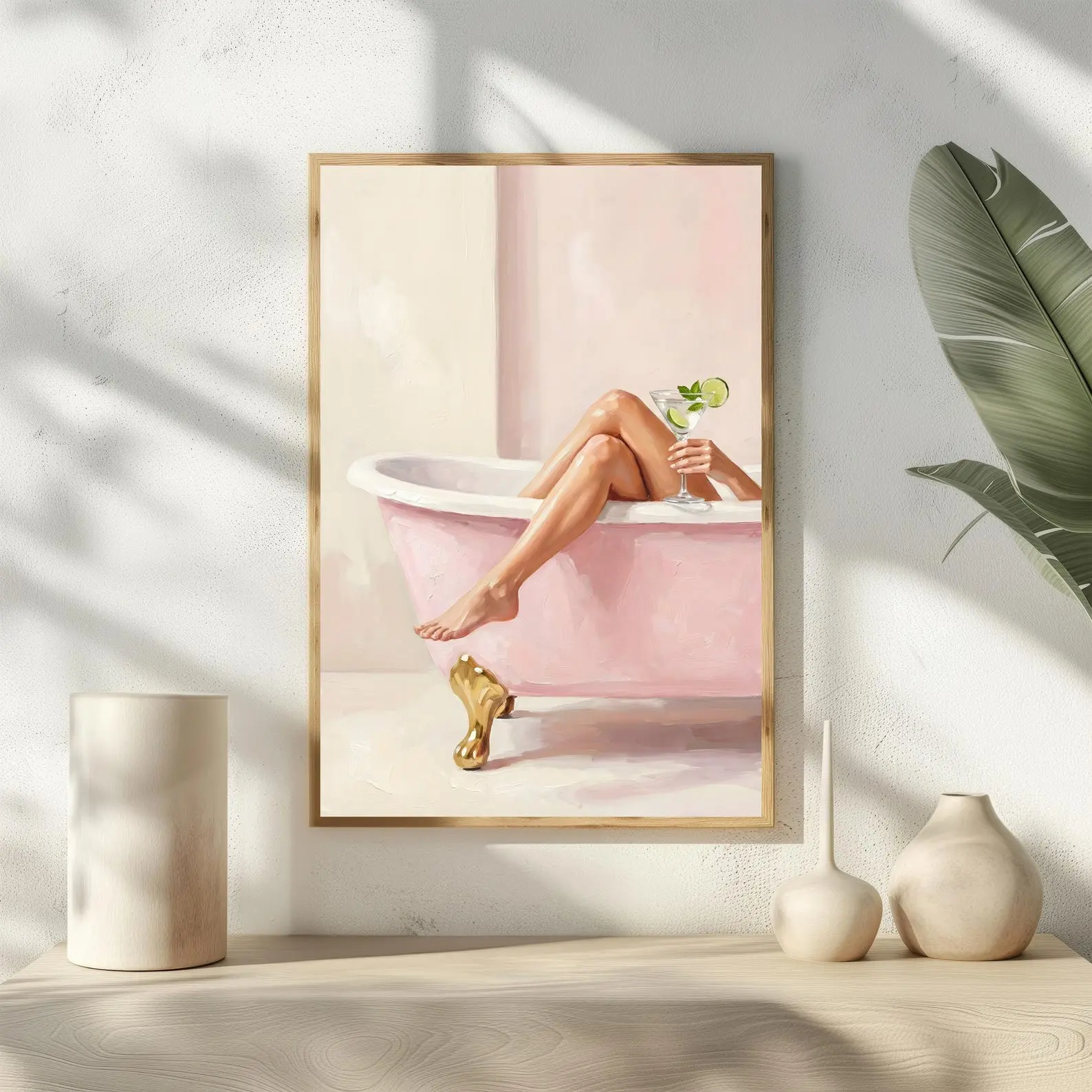 Preppy Bathroom Wall Art | Pink Bathtub Martini Print | Self Care Poster | Glam Cocktail Decor | Fashion Illustration | Girly Apartment Gift