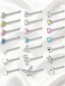 21 Pcs Silvery Mixed Pattern Zirconia Nose Piercing Studs Pack for Women Men Premium Surgical Steel for Daily Long-term Use Rich Lovely Shapes Mainstream Popular Designs Diverse Aesthetic Needs Sparkling CZ Brilliant Light Elegant Glamour