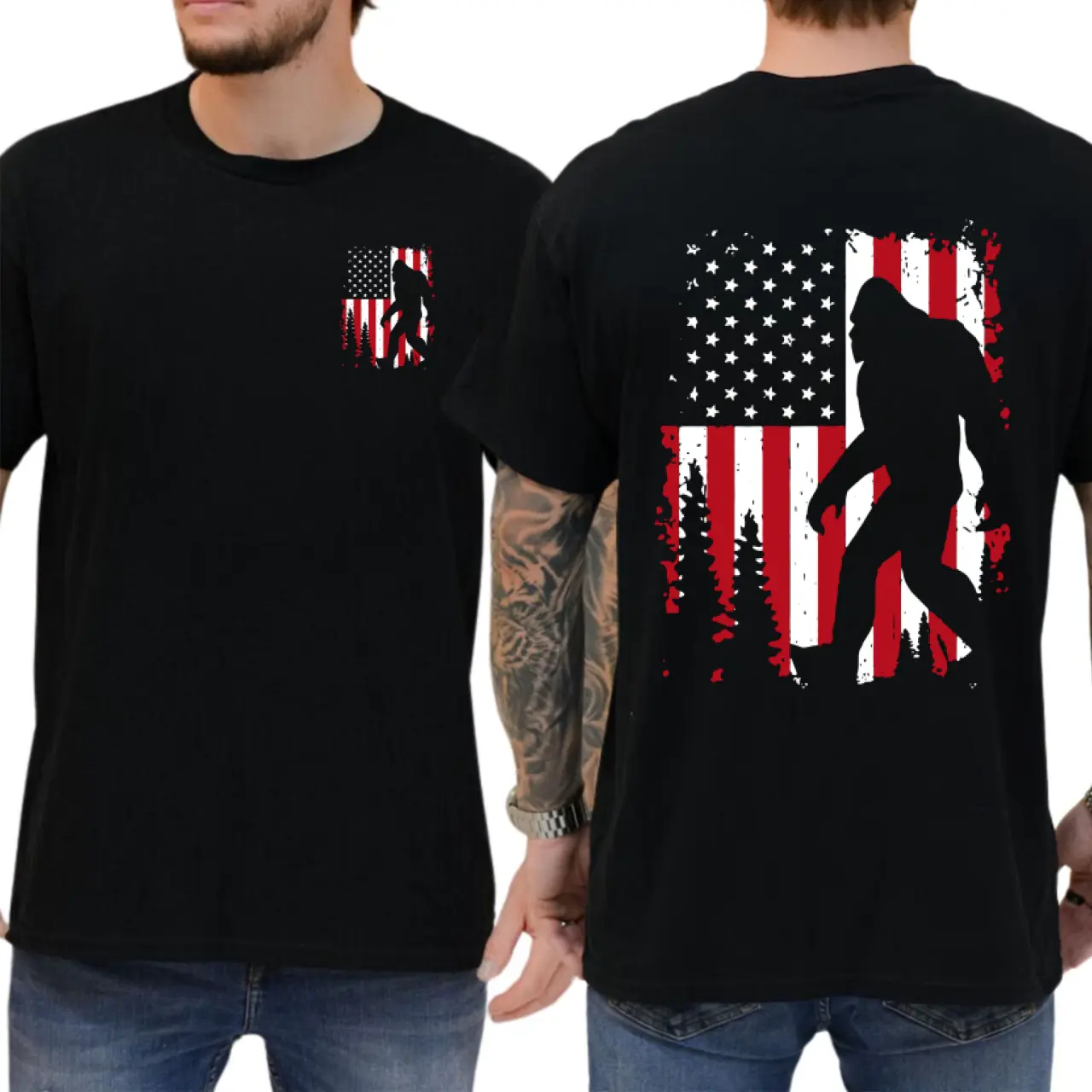 Menswear Short-Sleeve Casual T-Shirt, Patriotic Bigfoot Graphic Top with American Flag & Forest, Outdoors Streetwear for Men