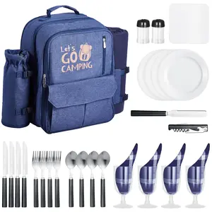 VEVOR Picnic Backpack,  , Beach Picnic Backpack Bag for 4 Person with Insulated Cooler Compartment, Detachable Bottle/Wine Holder, Lightweight Blanket, Plates and Cutlery Set for Outdoor, Navy Blue