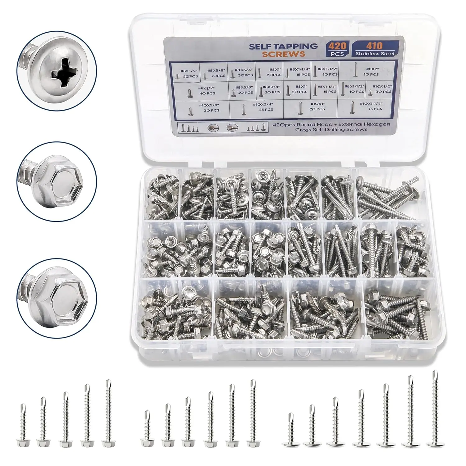 420Pcs Self Tapping Screws for Metal – 410 Stainless Steel Self Drilling Screws — 1/2" to 2" Self Tapping Sheet Metal Screws, 8#10 Phillips Wafer & Hex Washer Screws for Metals, Wood and Plastic