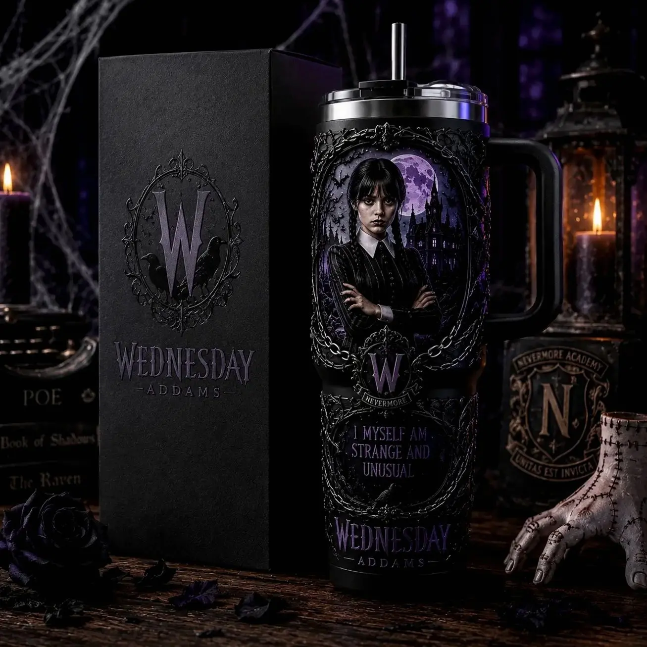 OceanSip4U Wednesday Addams 40oz Stainless Steel Tumbler with Handle, Vacuum Insulated Travel Mug, Gothic Halloween Cup, Nevermore Academy Inspired Tumbler, Spooky Gift for Wednesday Fans