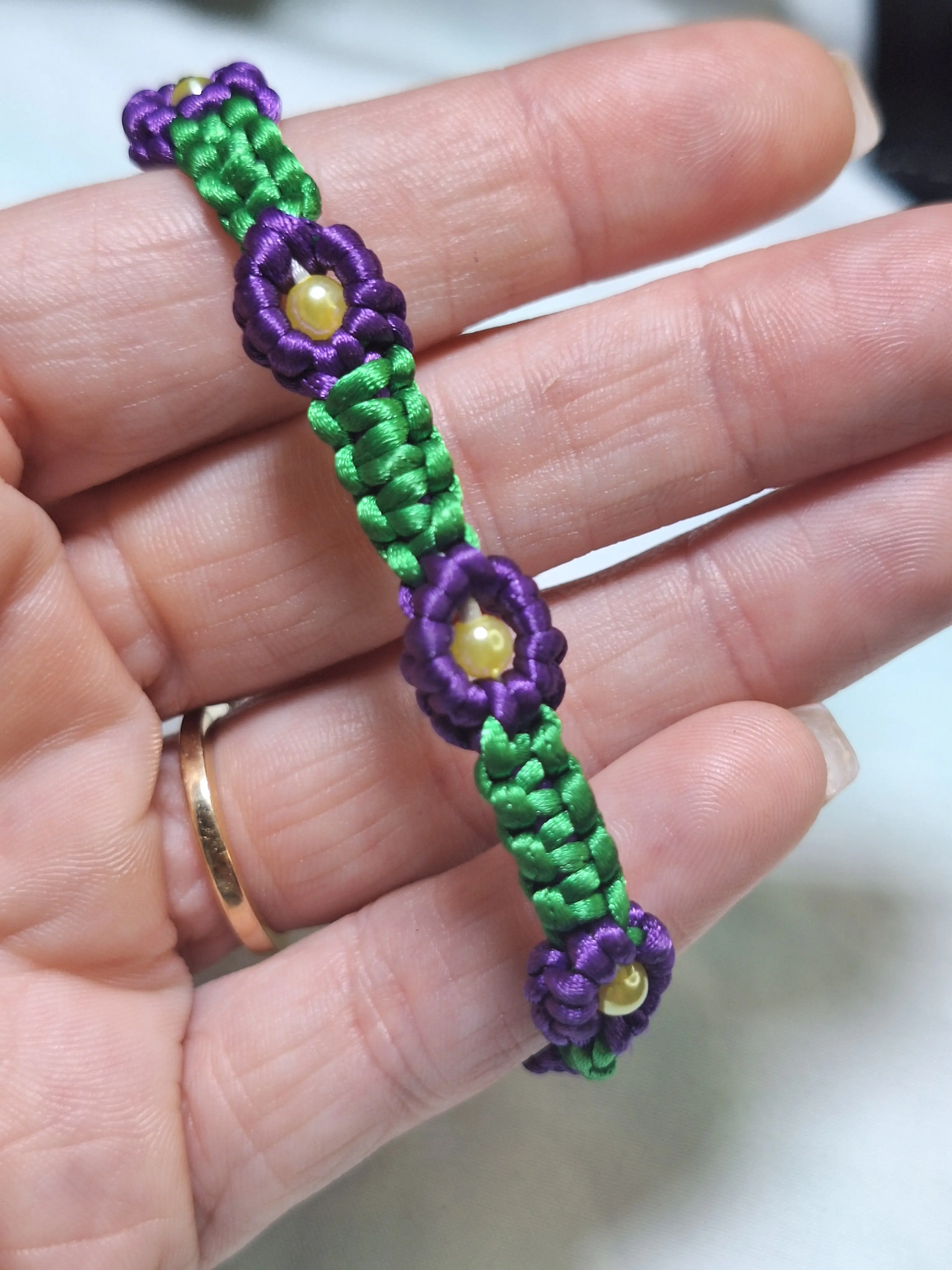 Purple & Green Macramé Flower Bracelet - Yellow Bead Centers