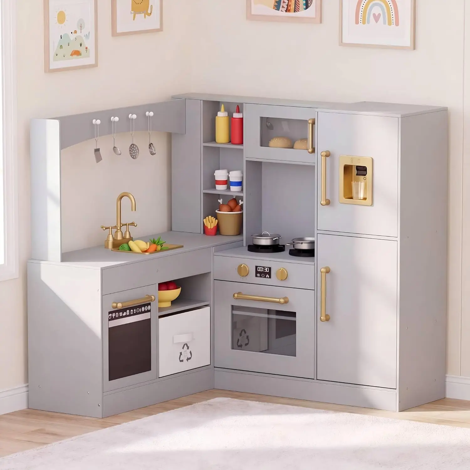 Arlopu Corner Play Kitchen for Kids, Wooden Pretend Toy Kitchen, Large Toodler Cooking Playset w/Refrigerator, Stove w/Light & Sound, Disinfection Locker, Water Dispenser, Sink, Home Modern Ages 3+,