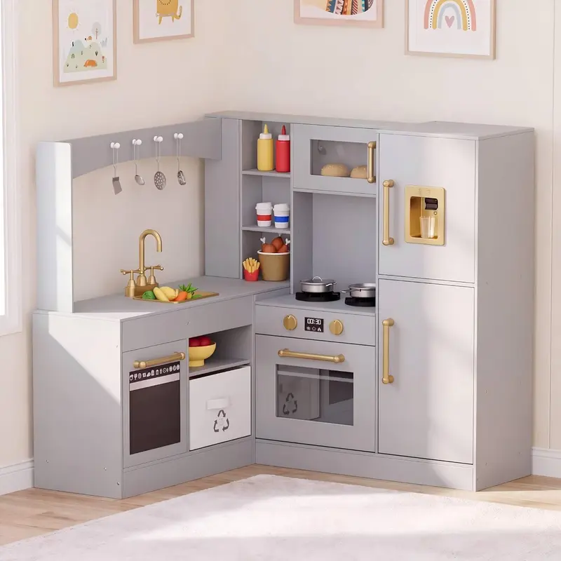 【Black Friday】Arlopu Corner Play Kitchen for Kids, Wooden Pretend Toy Kitchen, Large Toodler Cooking Playset w/Refrigerator, Stove w/Light & Sound, Disinfection Locker, Water Dispenser, Sink, Home Modern Ages 3+,