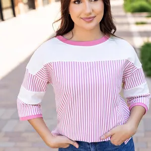 Women's Casual Round Neck Plus Size Striped Patchwork Bracelet Sleeve T-Shirt, Women's Top