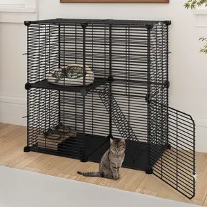 Uforic 2 Tier Indoor Cat Cage,28" Cat Enclosure DIY Cat Playpen for 1-2 Cats,28"L x 14"W x 28"H,Black