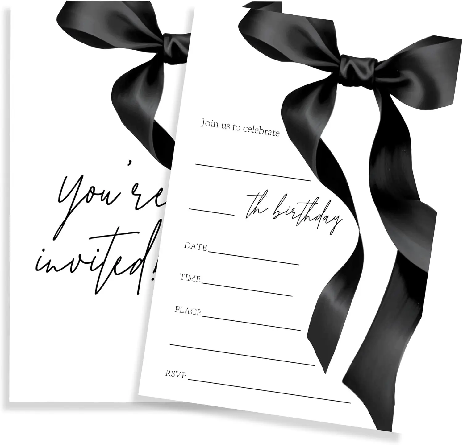 Girls' Double-Sided Fill-In Birthday Invitations with Envelopes - 20 Count Black Bow, Exquisite Design Patterns, for Teens Birthday Party Supplies & Favors - A11