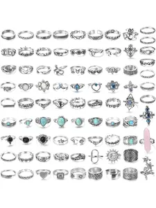 82 Pcs Vintage Silver Color Knuckle Rings Set for Women Teen Girls, Bohemian Stackable Joint Finger Rings, Retro Stone Crystal Stacking Midi Rings Pack