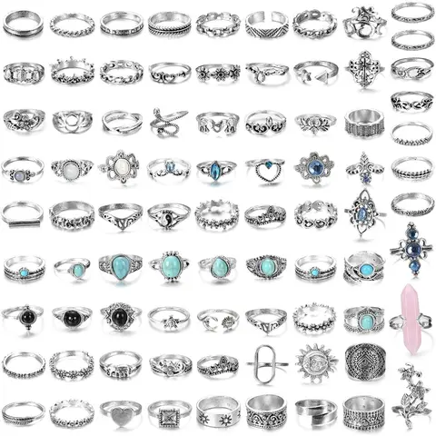 82-Piece Vintage Silver Color Knuckle Ring Set, Unique Rings for Women & Teen Girls, Bohemian Stackable Joint Finger Rings, Retro Artificial Stone Crystal Sparkling Midi Rings Pack, Fashion Stackable Rings