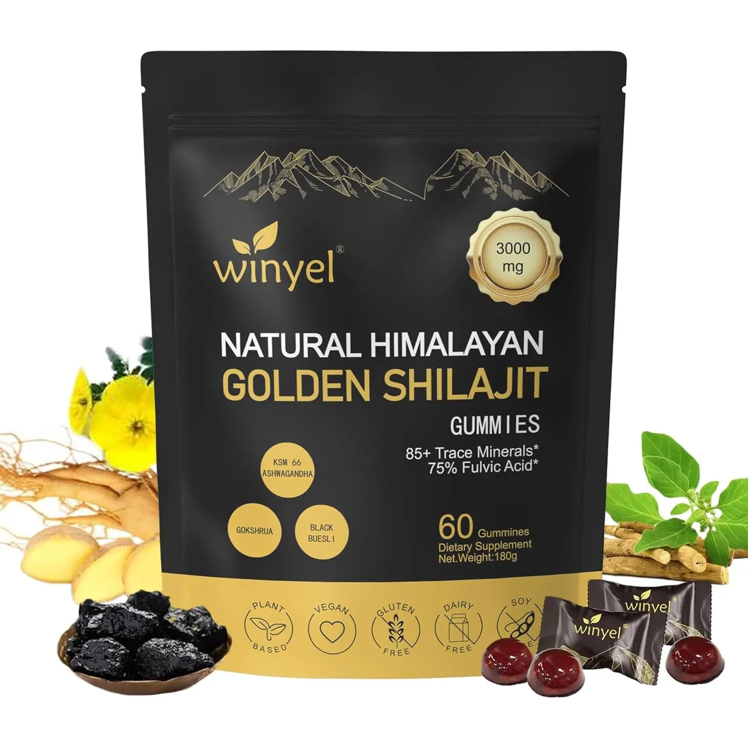Pure Himalayan Shilajit Gummies Gold I High Potency Shilajit Supplements Rich in Ashwagandha, Gokshura | 75%+ Fulvic Acid & 85+ Trace Minerals I for Men, Women I Lab Tested I 60 Gummies
