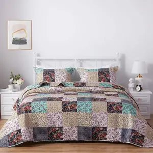 Patchwork  Quilt, Soft Durable Quilted Bedspread Lightweight Reversible Retro Bed Coverlet Blanket Comforter  Quilt Bedding Set with Sham for  Season 2 count