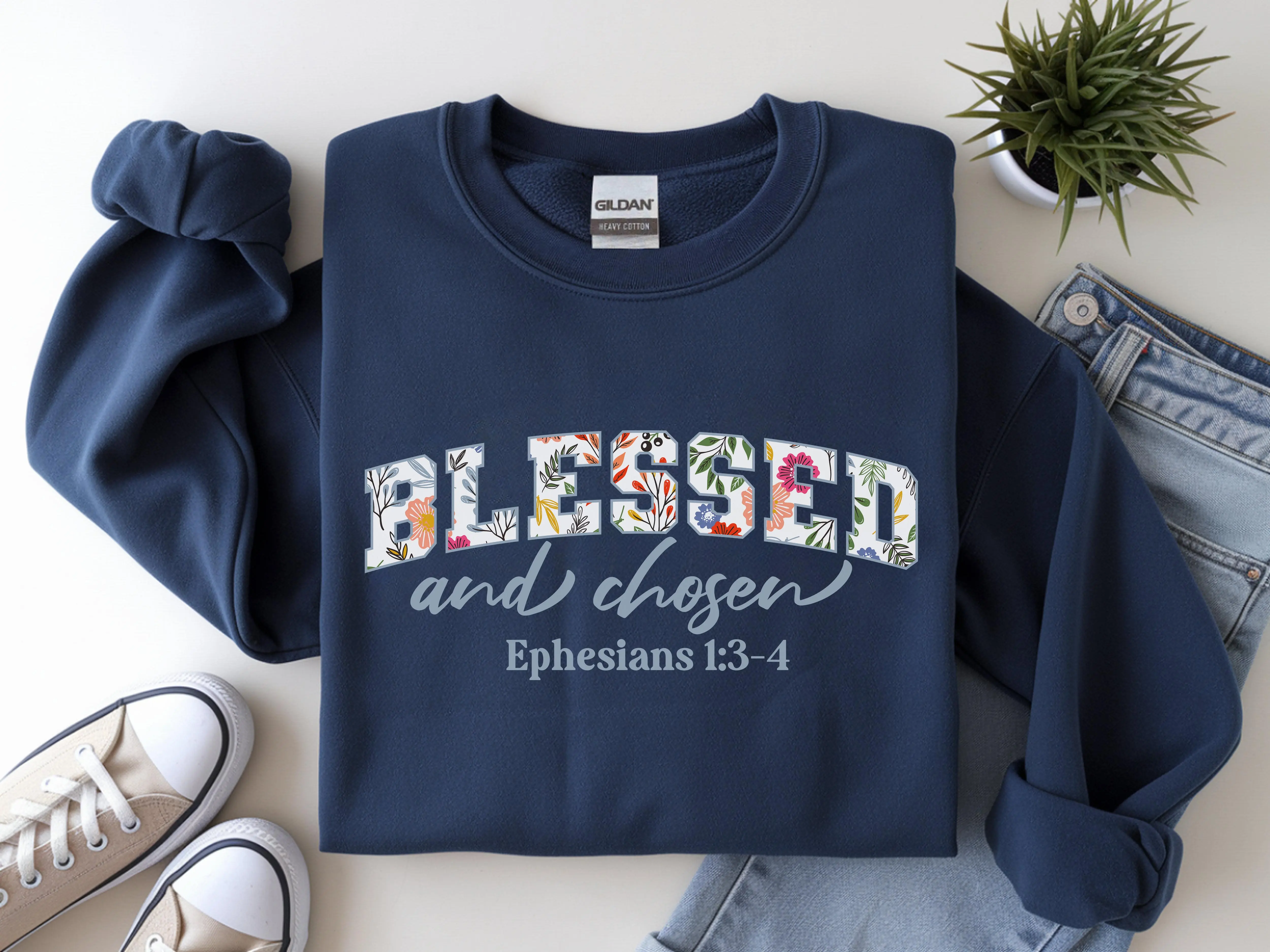 Women's Blessed and Chosen Ephesians 1:3-4 Graphic Cotton Soft Round Neck Sweatshirt - Cute Crewneck Tee, Trendy Fit, Unisex Sizing, Floral Christian Tops for Everyday Casual Wear