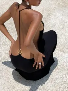 Sexy Backless Deep V Neck Sleeveless Long Dress, Metal Ring Decoration, Slim Fit Evening Gown, Women's Party Dresses, Elegant Style