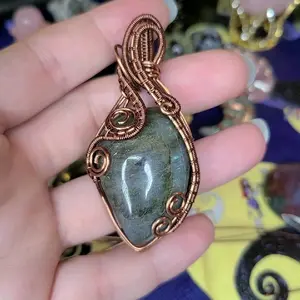 handmade pendant with Natural Labradorite wrapped in tarnish resistant antiqued copper wire