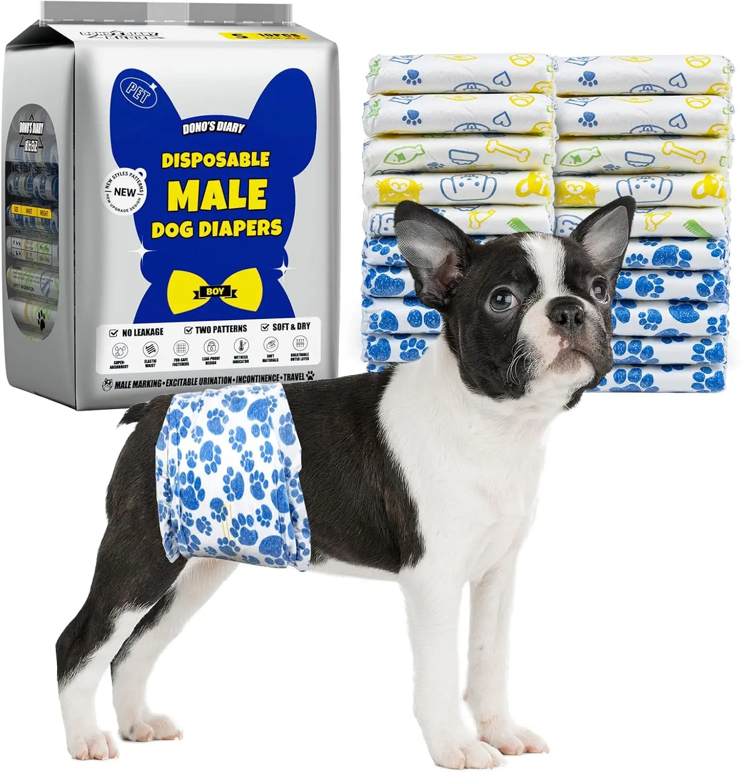 Dono Disposable Male Dog Diapers - Multi-Size Paw Print Pet Supplies, Wetness Indicator, Leak-Proof Belly Wraps, Rapid-Dry Gel, Incontinence-Absorbent, 2 or 6 Bags for Toilet Training