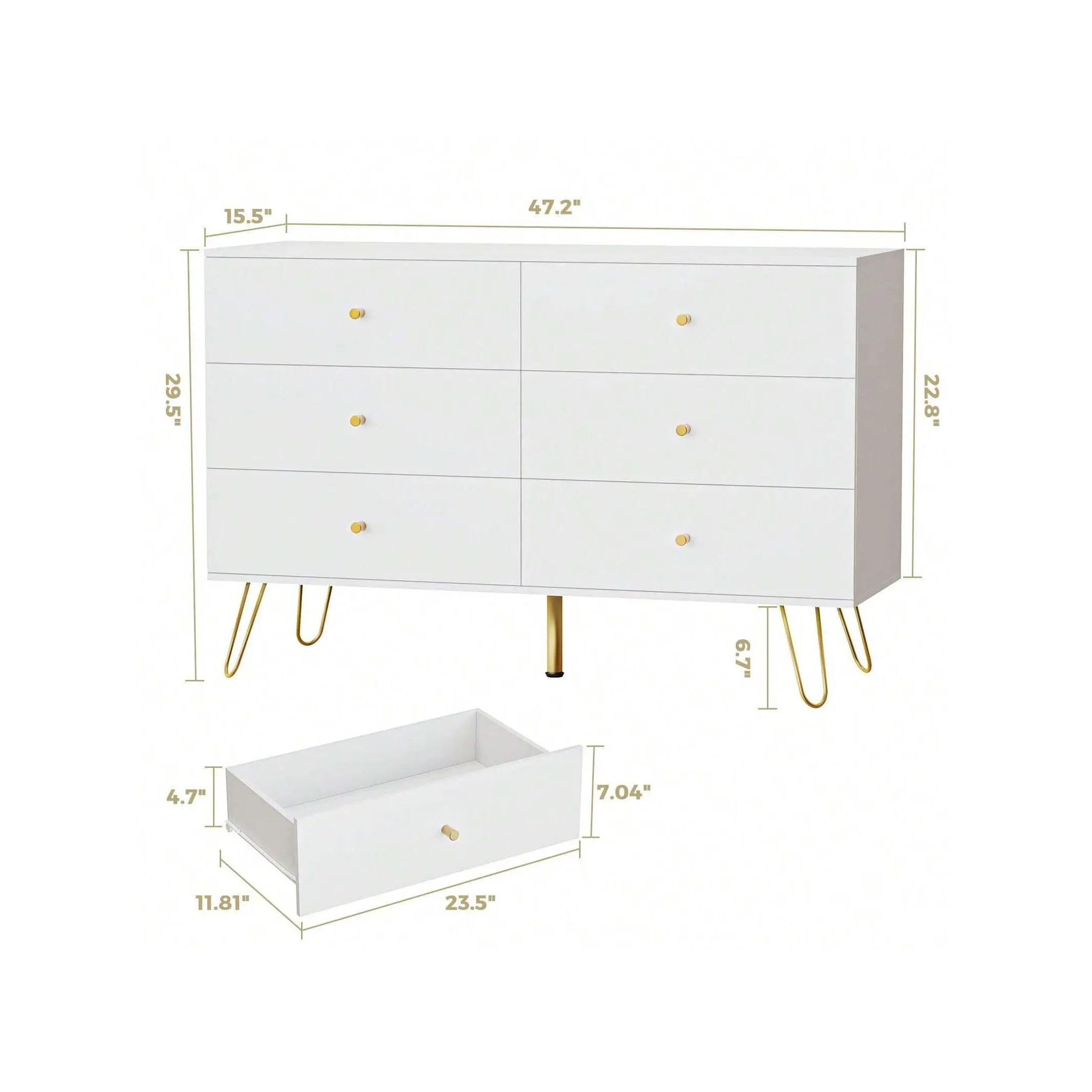 New 2024  Vrullu Dresser Bedroom 6 Drawer Wood White Dressers Chests Of With Gold Knobs Modern Storage Drawers For Entryway Closet Hallway Indoor Furniture