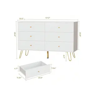 New 2024  Vrullu Dresser Bedroom 6 Drawer Wood White Dressers Chests Of With Gold Knobs Modern Storage Drawers For Entryway Closet Hallway Indoor Furniture
