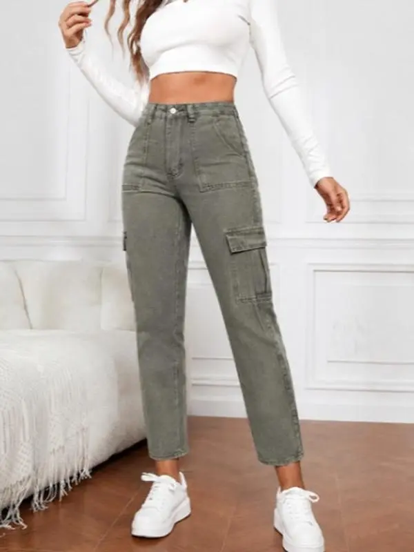 Women's Green Military-Style Straight-Leg Jeans with Pockets - Summer Fashion Womenswear Bottoms