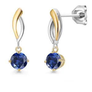 925 Silver and 10K Yellow Gold Blue Created Sapphire Dangle Earrings for Women | 1.20 Cttw | Gemstone September Birthstone | Round 5MM
